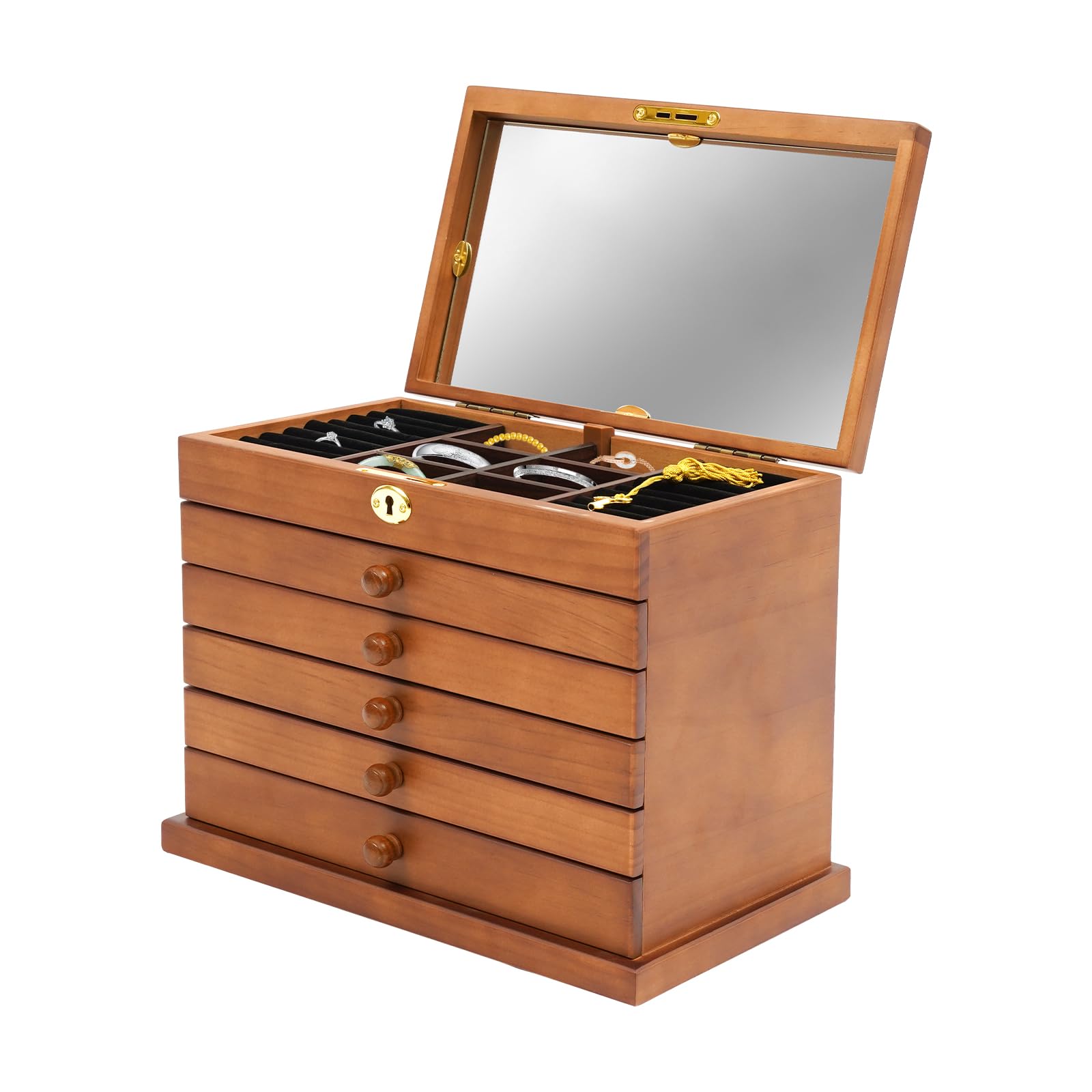 Portagioie in legno con chiusura di sicurezza, 6 cassetti + specchio HD, grande portagioie per anelli/collane, design vintage a quattro foglie, 31,5 x 24,5 x 20 cm