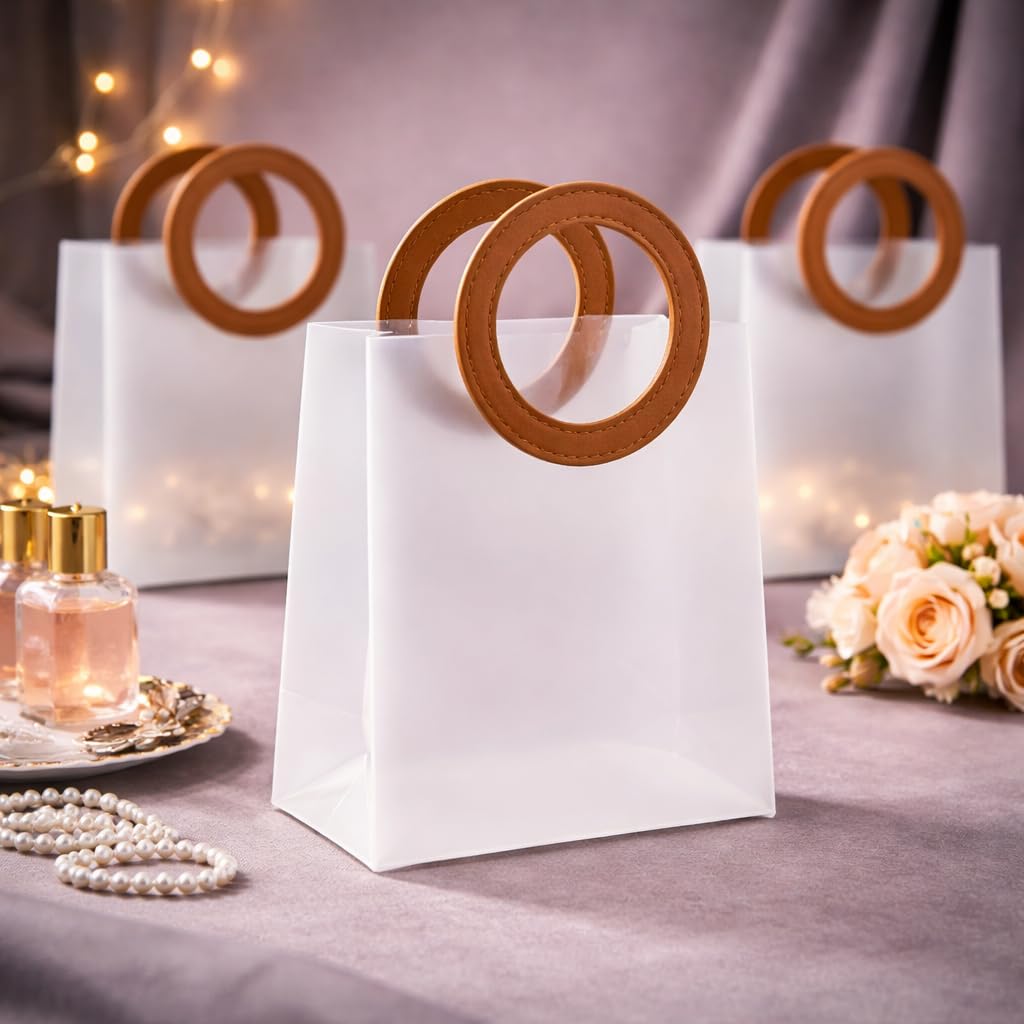 SATYAM KRAFT 6 Pcs Translucent Reusable Brown Leather Round Gift Bags with Carry Handle | Stylish Gift Packing Bags for Her & Him | Wedding Return Gifts, Birthday Party & Birthday Hampers | Shopping, Events & Festival (Large, 28 cm)