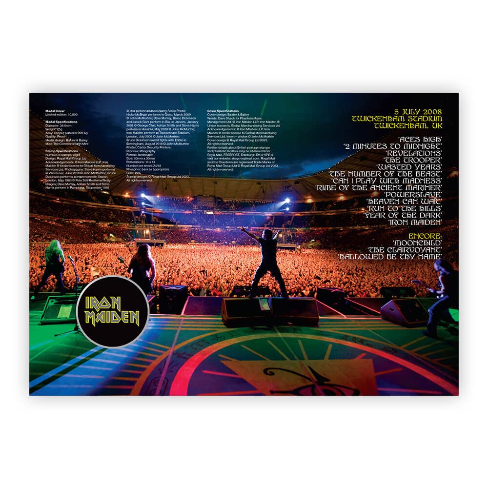 Royal Mail - Sellos oficiales de Iron Maiden y cubierta de medalla "Eddie Pharoah"