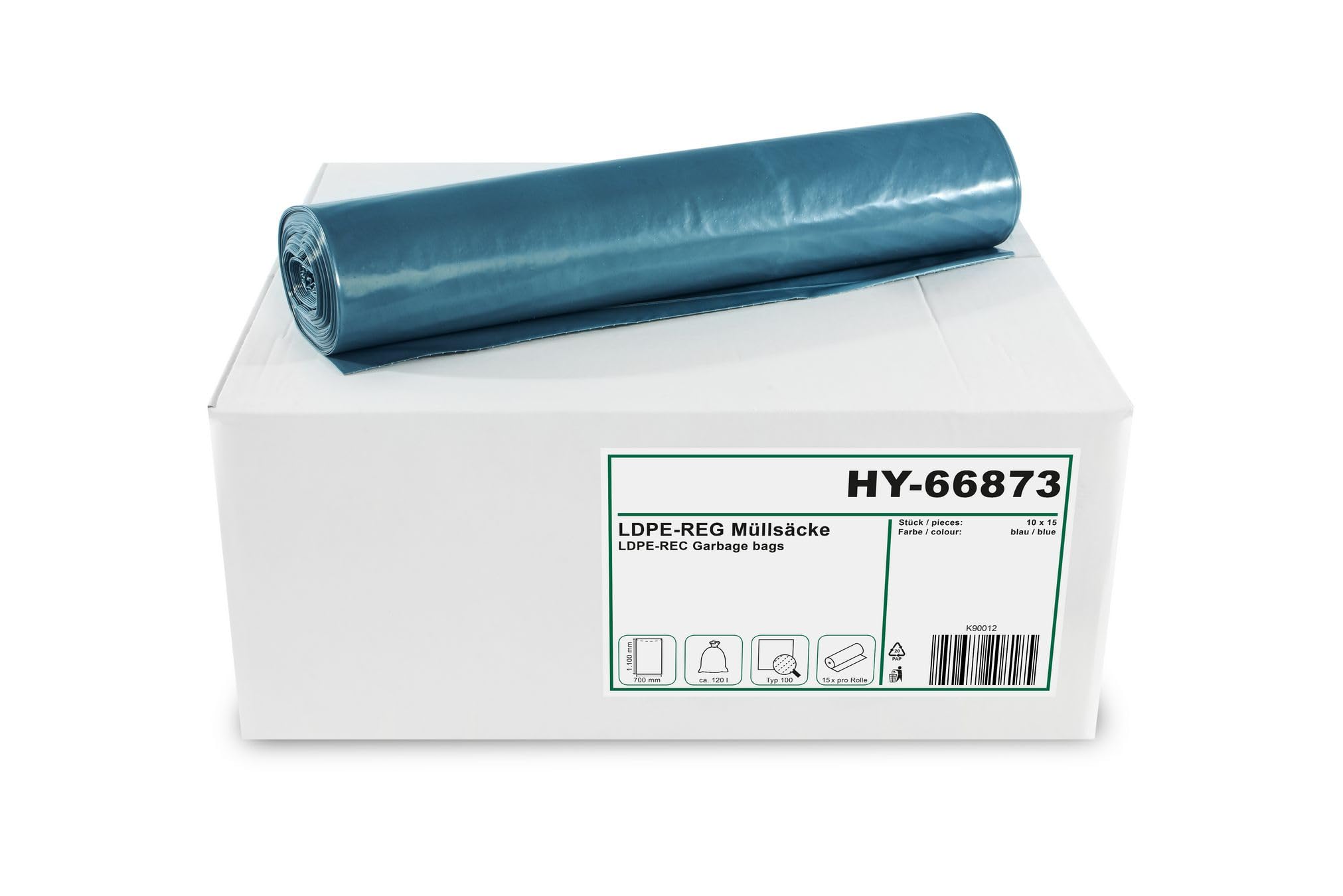 Müllsäcke 120L (10 x 15 Beutel), Typ 100 LDPE – 700x1100 mm – extra reißfest & blickdicht – blaue Abfallsäcke für Haushalt, Gewerbe & Industrie