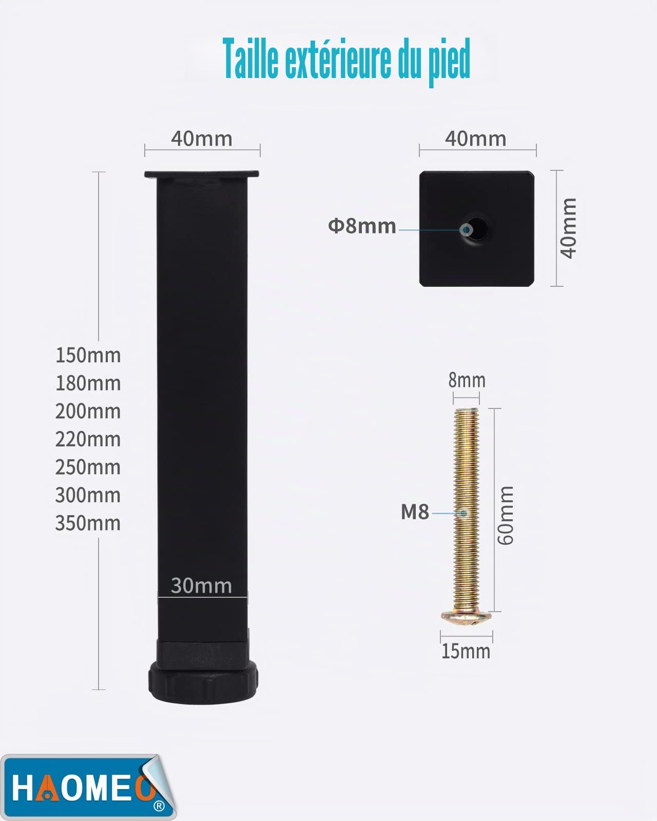 Pied de Lit 30 cm à Visser, Pied Sommier à Lattes Universel, Reglable en Hauteur, Metal, Carré + Rond, Boulons M8, pour le Cadre Métallique d’un Sommier Adulte, Noir, Lot de 5 (4 Latéraux + 1 Central)