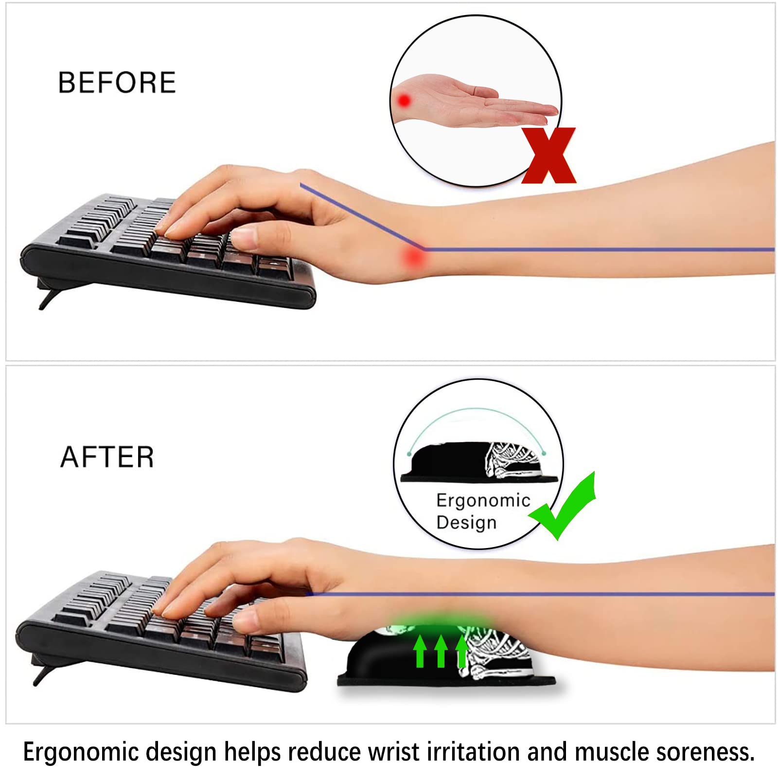 ArtSo Podkładka pod mysz klawiatura podkładka pod nadgarstek wsparcie ergonomiczna, ulepszona poduszka podkładka pod mysz żelowa pianka zapamiętująca kształt antypoślizgowa gumowa podstawa ulga w bólu i łatwe pisanie do domu, biura, ludzki szkielet czarna