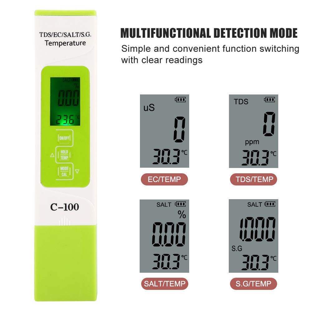 PH-metro multifunzionale 5 in 1 C-100/EC (conducibilità)/misuratore TDS/salinità (ppt)/rilevatore di tester di qualità dell'acqua di temperatura