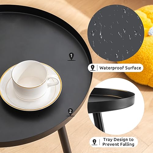 Miniatura 19 de Apicizon Juego de 2 mesas auxiliares redondas de 16 pulgadas, mesa auxiliar de metal negro para sala de estar, mesita de noche, mesa de centro