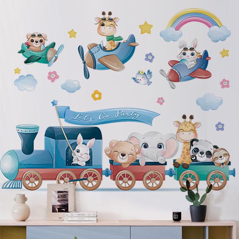 FUFUQUARE Cartoon Animal Train Wall Stickers Colorful Airplane Elephant Giraffe Rabbit Wall Art Decals Removable DIY Vinyl Decor for Baby Kids Bedroom Living Room