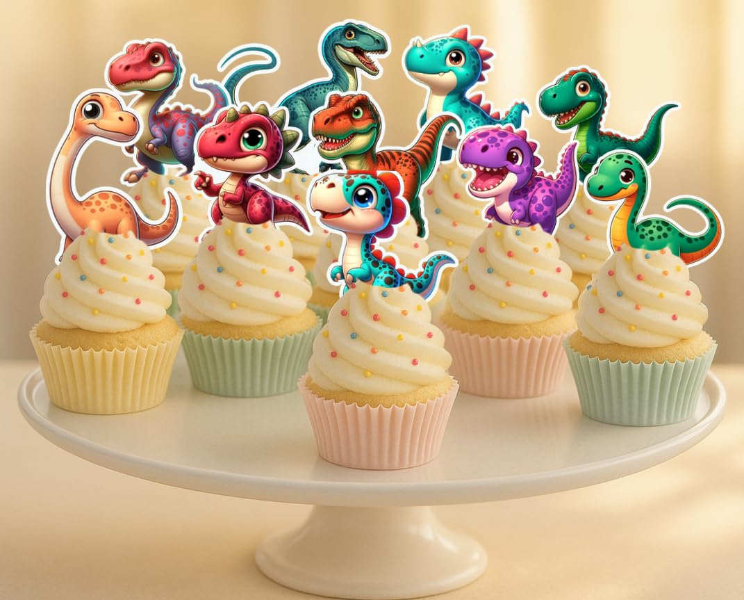 30 x PRE CUT COLOURUL FUN DINOSAUR STAND UP EDIBLE WAFER CARD RICE PAPER CUPCAKE TOPPER DECORATIONS