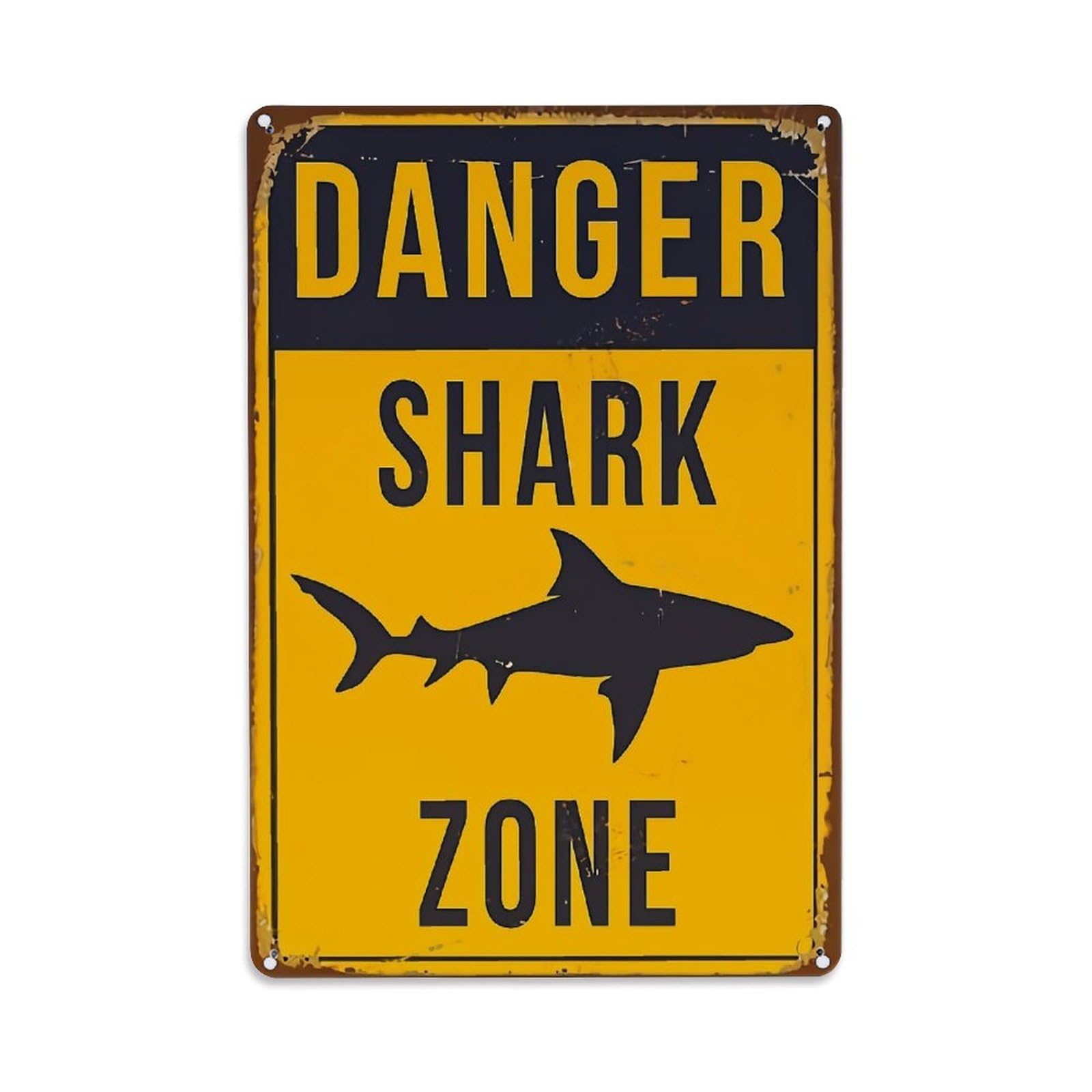 Danger Shark Zone Sign Print Retro Metal Tin Sign, Vintage Metal Poster for home, Gaming Room, Studio Workshop,Bar,Garage Wall Art Decor 8x12 Inch