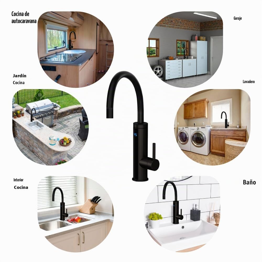 HOGART Grifo eléctrico con calentador de agua de 230 V para cocina, jardín, baño, caravana, camping, 2 accesorios, calentador inteligente, grifo con calentador de agua instantáneo, grifo de agua
