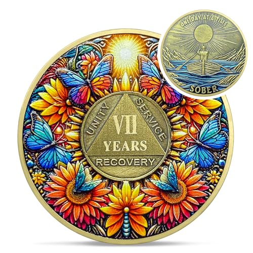 Image of Delicate Sunflower 7 Year Sobriety Coin - Seven Year Recovery Butterfly AA Coins - One Day at A Time NA HA AA Chips and Medallions - 1-40 Years Living Clean Alcoholics Anonymous Gifts for Men Women