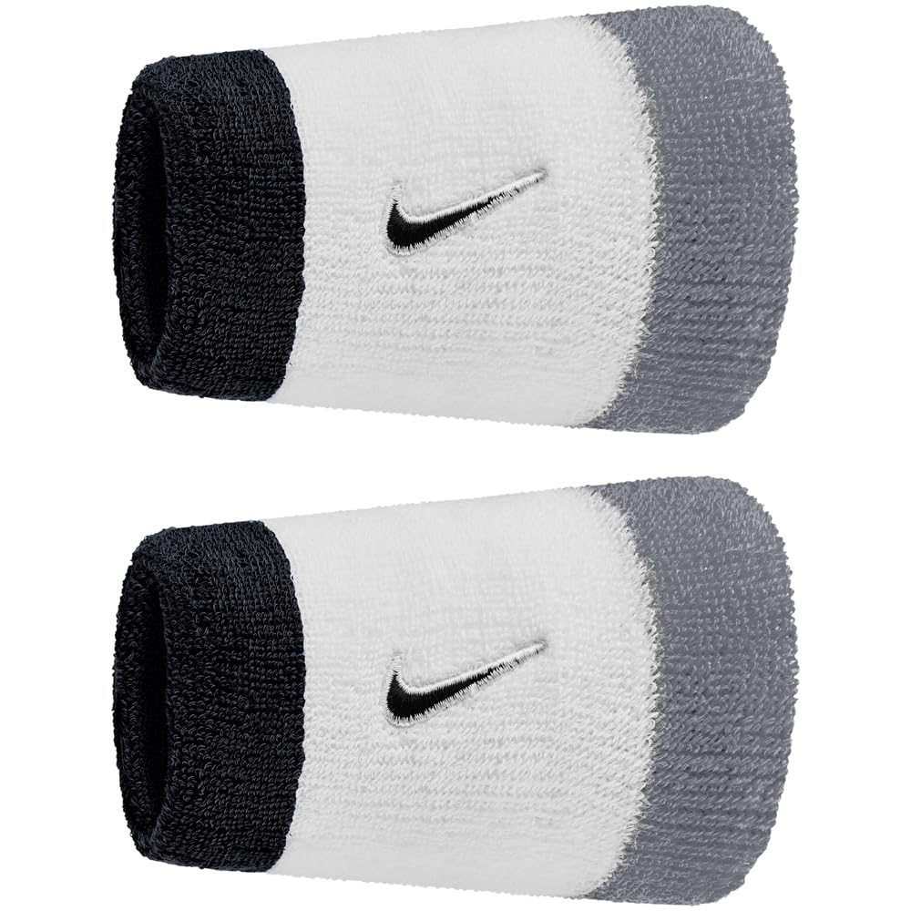 Nike Swoosh Classic Doublewide Wristbands 2-Pack Sweatbands Tennis Fitness Running Wristbands Wide, White/Cool Grey/Black, One Size