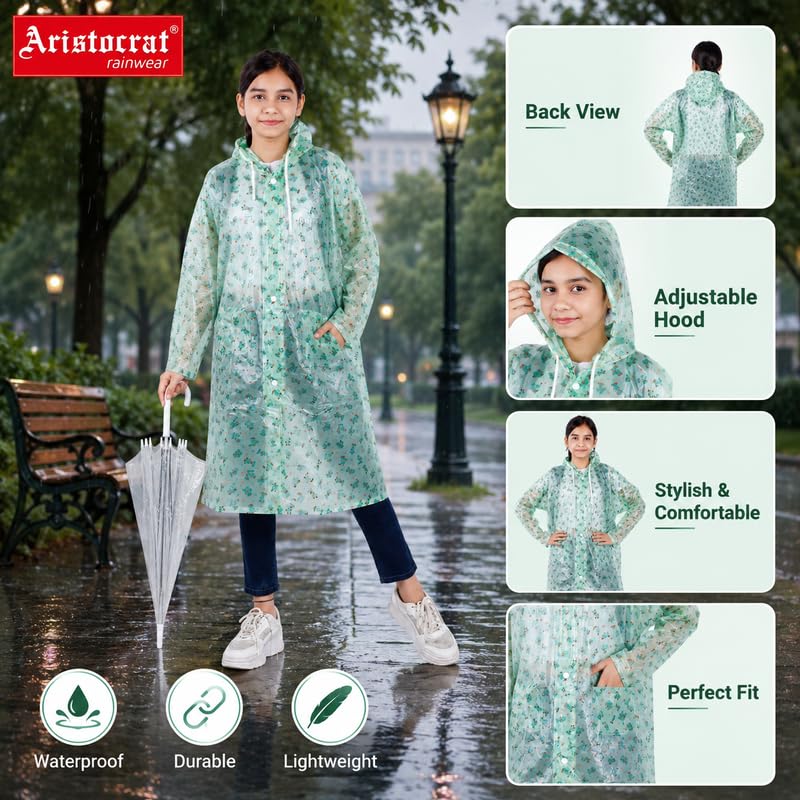 Image of Aristocrat Kids Humpty Dumpty Waterproof Raincoat with Hood | Knee Length Rainwear for Boys & Girls | Regular Fit Rain Jacket with Two Front Pockets | All-Weather Protection Rainwear