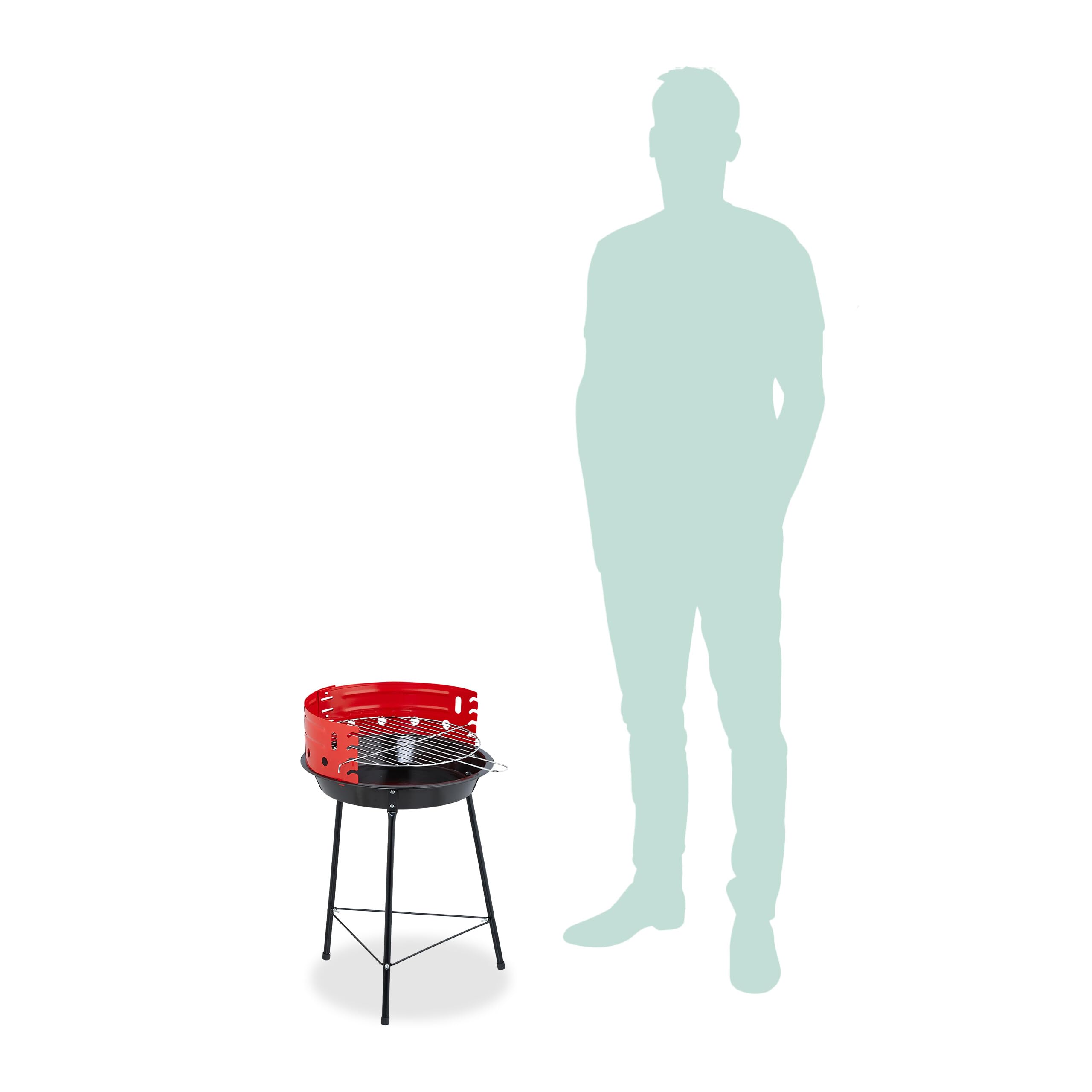 Relaxdays Barbecue Charbon de Bois tripode, Ø 42 cm, Grill Rond sur 3 Pieds, Protection Contre Le Vent, Noir/Rouge