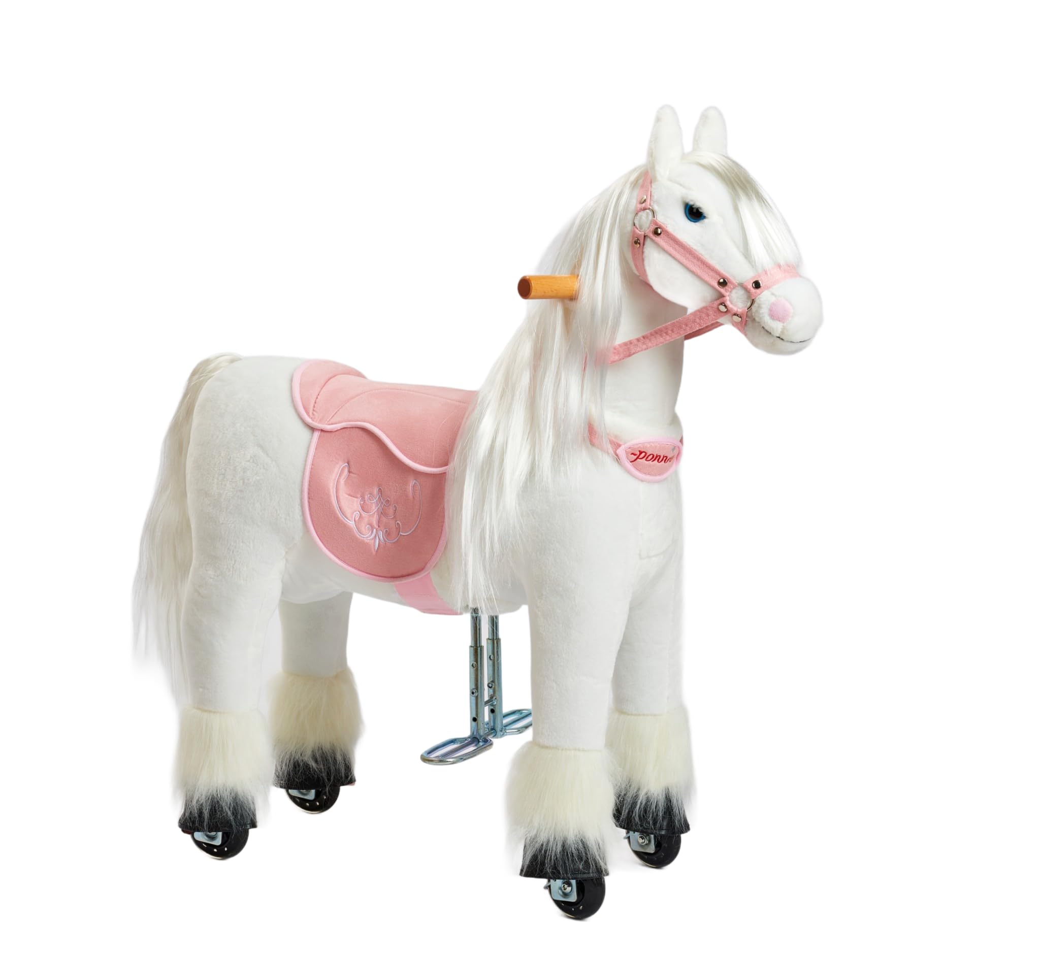 PONNIE Reitpferd mit Rollen Tiara S für Kinder 3-6 Jahre, 30 kg – Plüsch Spielpferd zum Reiten ohne Batterie – 87 cm Hoch – Kämmbare Mähne&Schwanz – Abnehmbarer rosa Sattel&Zaumzeug Kinder Geschenk