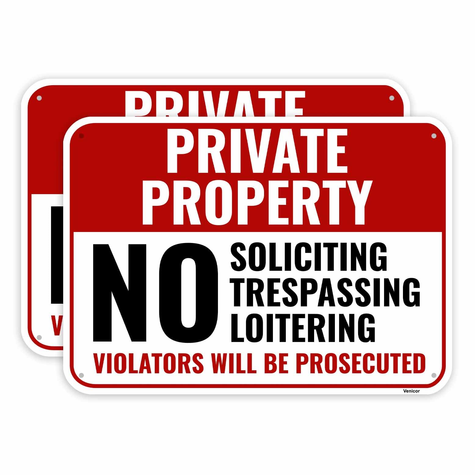 2 Pack Private Property No Soliciting Trespassing Loitering Sign, 12 x 8 Inches - Aluminum - No Tresspassing Metal Sign for Business/Without a frame