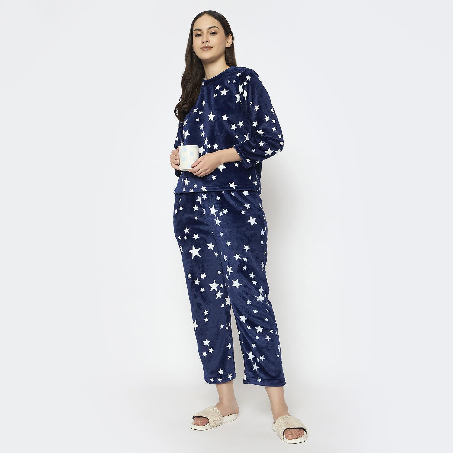 CAMEY Women's Winter Full Sleeve Top and Pajama Pants Regular Fit Night Suit Round/V-Neck Top and Pyjama Sets Ladies Night Dress (Navy White, XL) - Image 2 thumbnail