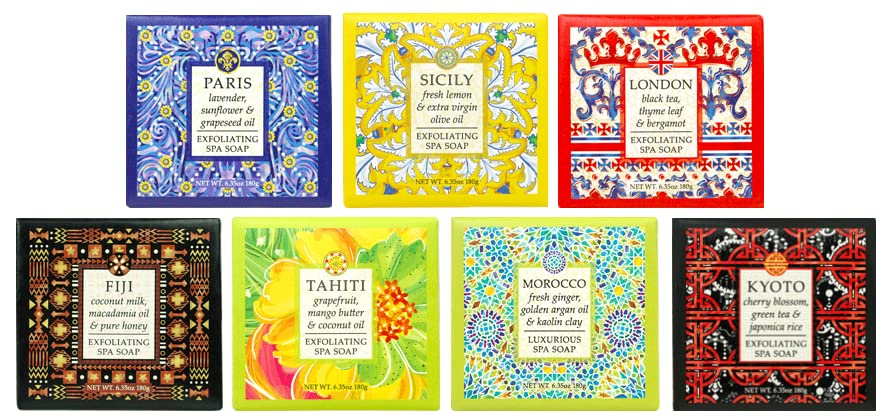 Greenwich Bay Destination Exfoliating Spa Soaps 7 Piece Set of 6.35 Ounce Bars - Travel to London, Kyoto, Tahiti, Paris, Fiji, Morocco, and Sicily without leaving your home!