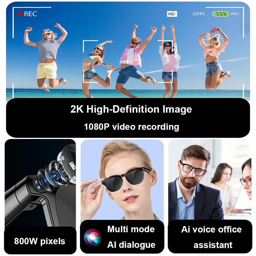 Occhiali Intelligenti Multifunzionali,Immagini 1080p,Dialogo Ai,Connessione Bluetooth/Wi-Fi,Riconoscimento Fotografico,Riduzione del Rumore,Traduzione,Controllo Touch,per Uso Quotidiano B