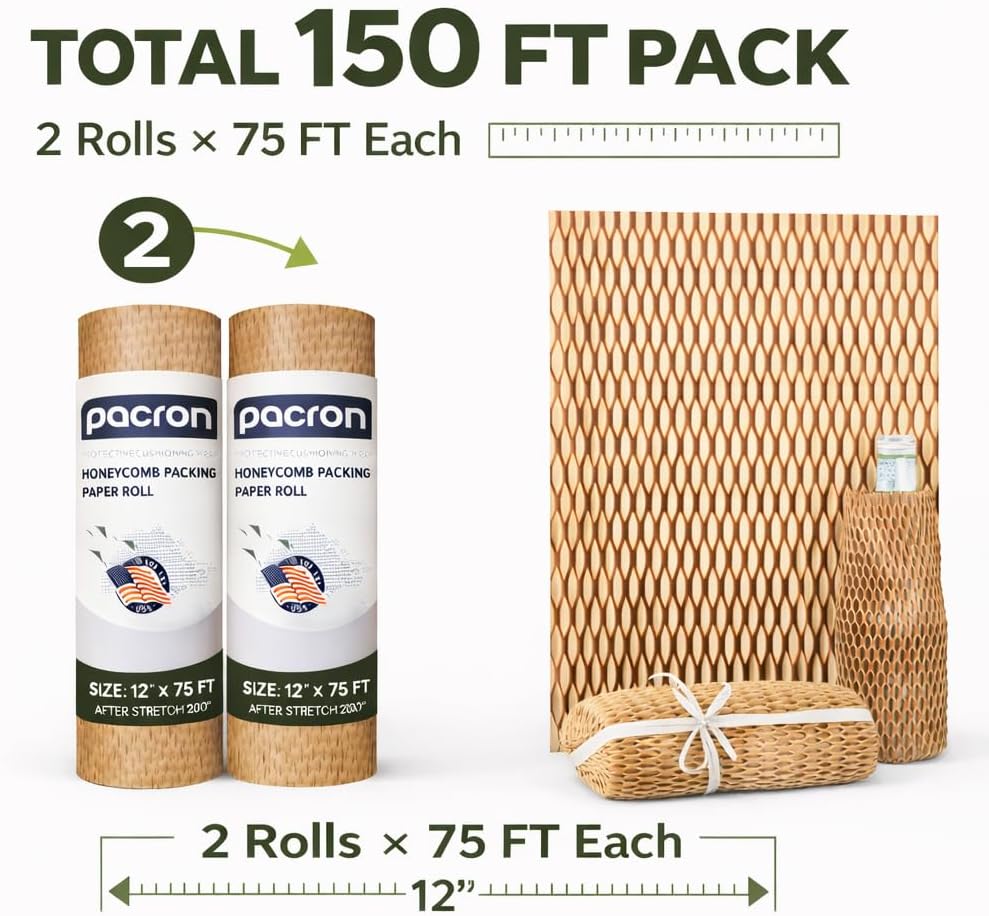 Honeycomb Packing Paper Roll – Eco Friendly Bubble Wrap Alternative for Fragile Shipping, Plastic-Free Honeycomb Wrap for Glass, Ceramics & Moving Supplies, (12"x150Ft)