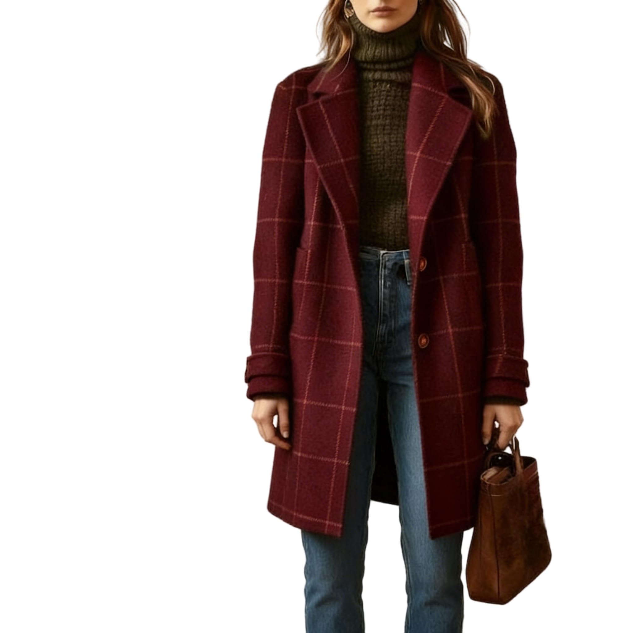 Abrigo De Invierno De Mezcla De Lana para Mujer Cuello con Muescas Botonadura Sencilla Chaqueta De Longitud Media Abrigo Retro A Cuadros Abrigo Tipo Guisante Talla Grande Elegante para Otoño E Invi
