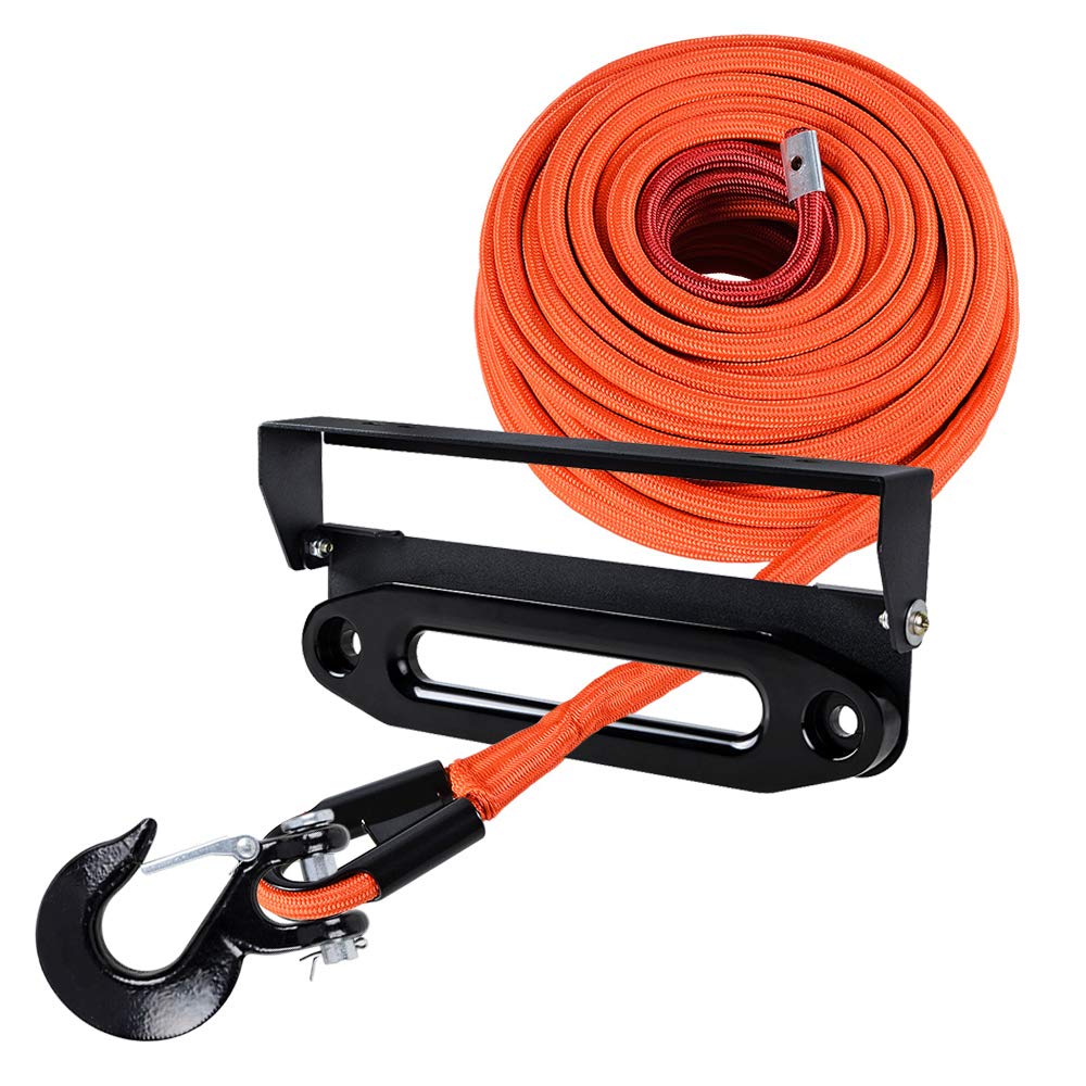 95ft x 3/8 inch (range Synthetic Winch Rope Cable 22000LBs with all Rock Guard with Black Clevis Hook with Anodized Black 10 inch (awse Fairlead and Flip-Up 254mm Winch Fairlead License Plate Holder
