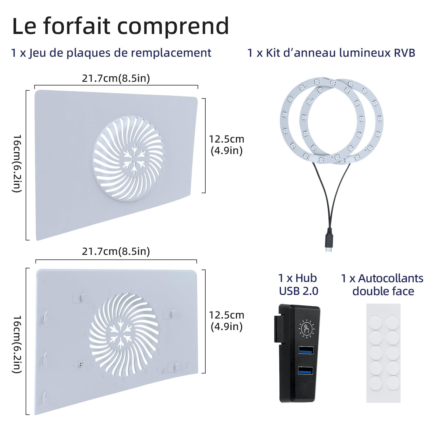 Mcbazel LED RGB Strip avec Trou de Refroidissement, Plaque Frontale de Remplacement, 2 Ports USB Hub, Accessoires de Jeu pour PS5 Slim Disc/Digital Edition – Blanc.(Non pour PS5/PS5 Pro)
