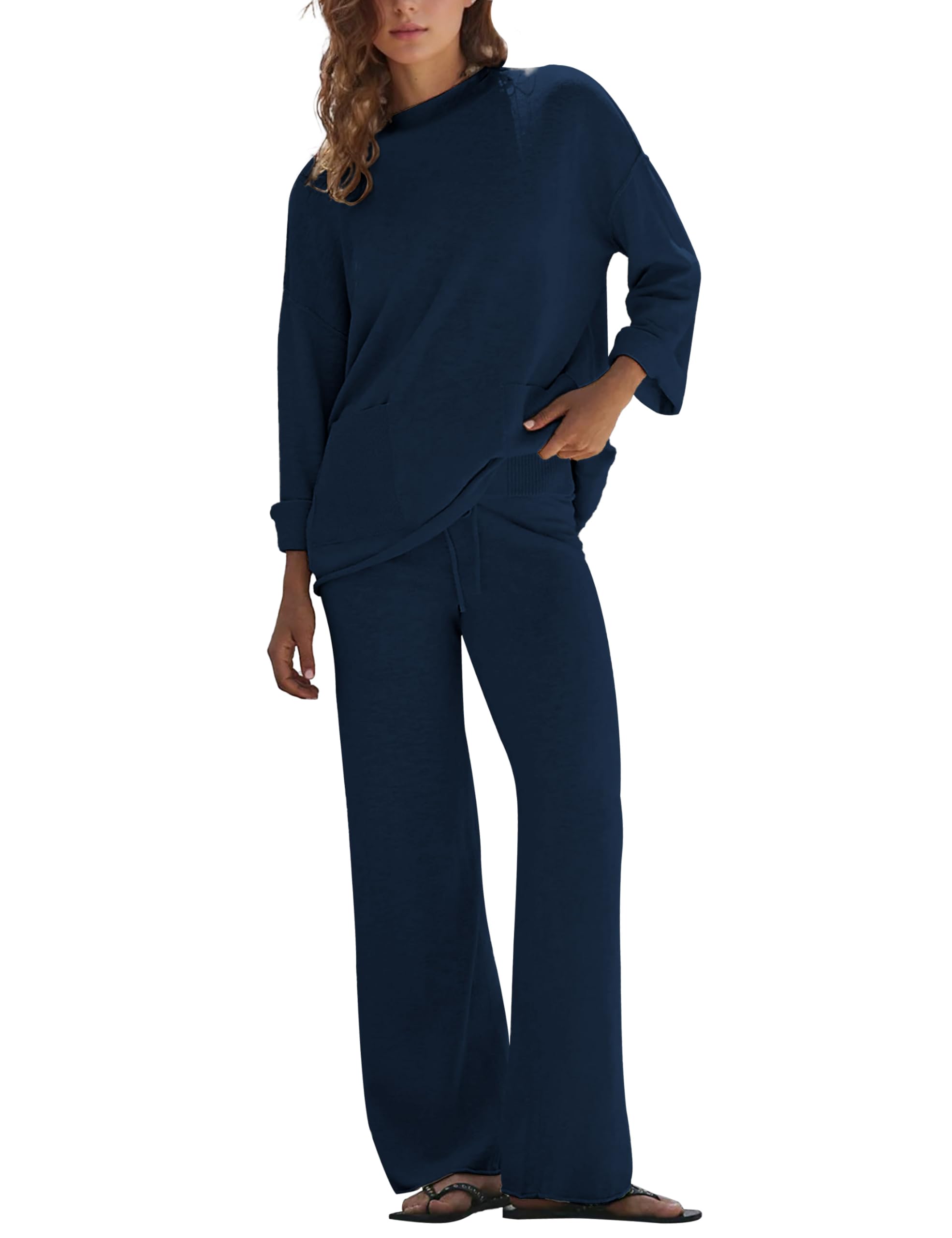 Womens Knit Sweater Set 2 Piece Long Sleeve Top Wide Leg Pants-image-42