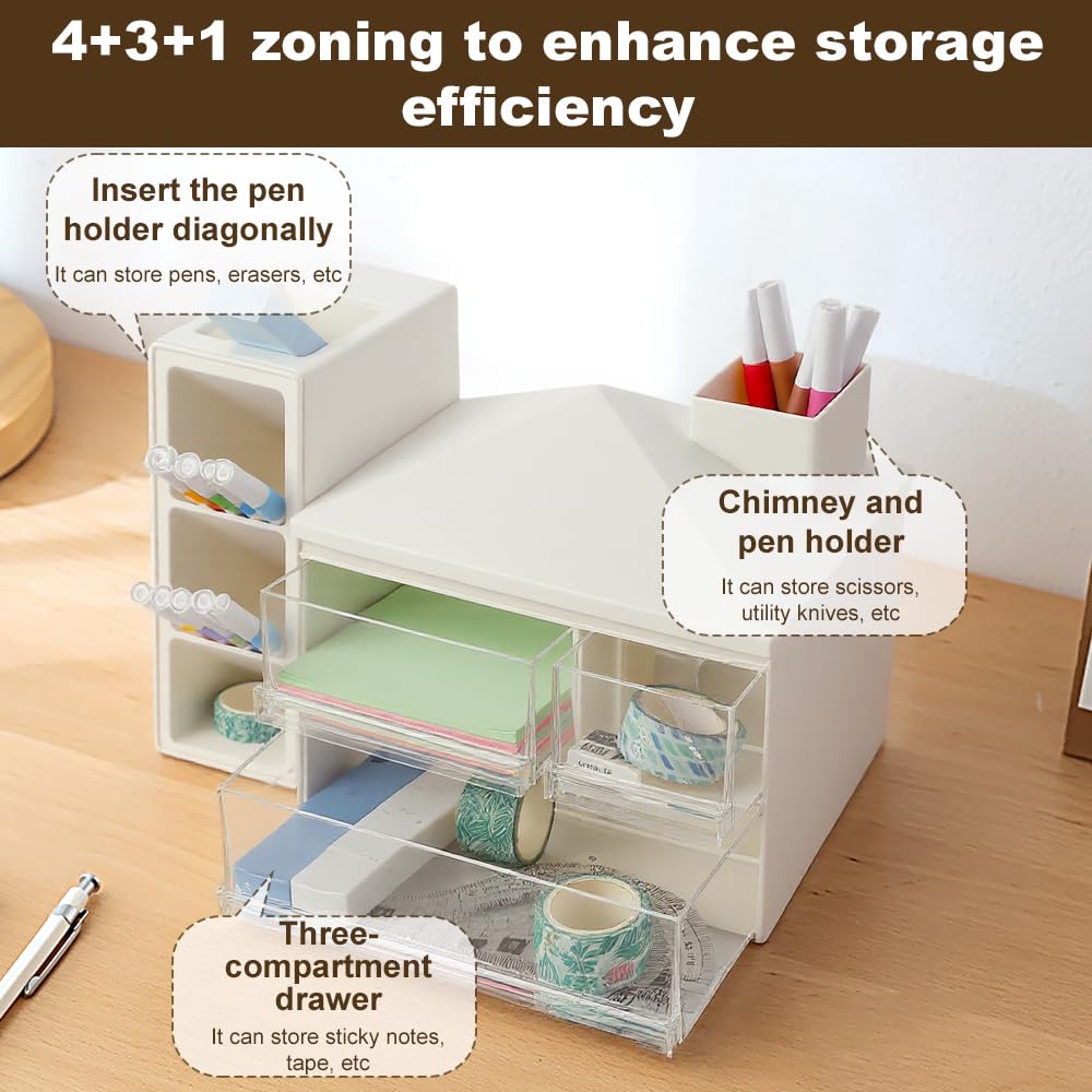 Portapenne Girevole 8 Scomparti – Organizer Da Scrivania Con Cassetto Trasparente, Capacità Extra, Rotazione 360°, In Plastica HIPS+ABS Bianco