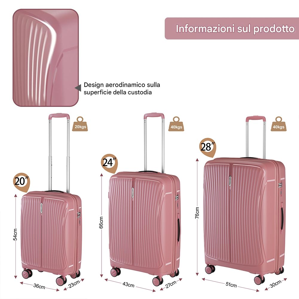 Set 3 Valigie Rigide in ABS 90L - 59L -38L con Ruote Silenziose Easy Roll Girevoli a 360°, Valigia Ultraleggera con Chiusura a Combinazione Rinforzata, Manico Telescopico Ergonomico (Rosa)