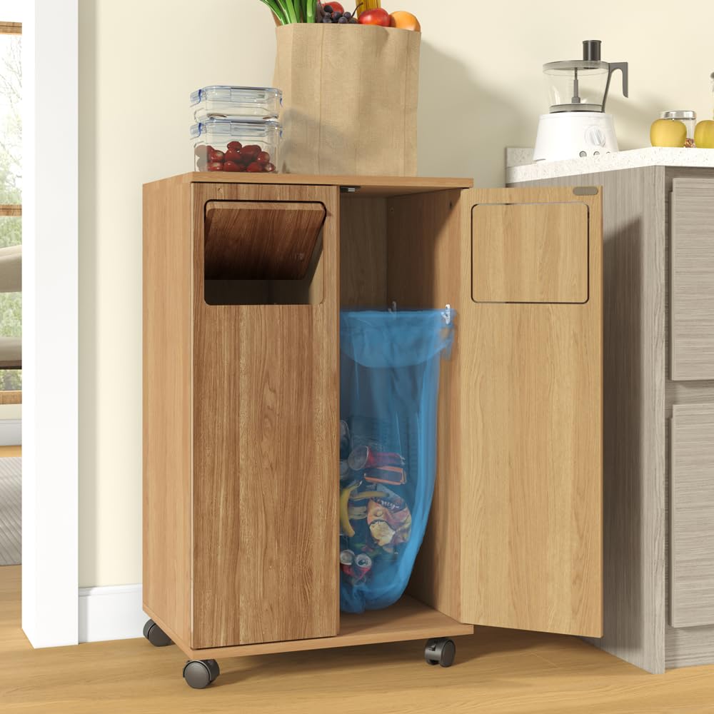 Mülleimer Schrank Küche, Mülleimer mit Rollen, Küchenschrank mit Mülltrennsystem, Mülltrennsystem 2 fach, Univeralschrank in Hellholz-Optik, Recyclingschrank (Naturholzfarbe, 46,7x35x80cm)