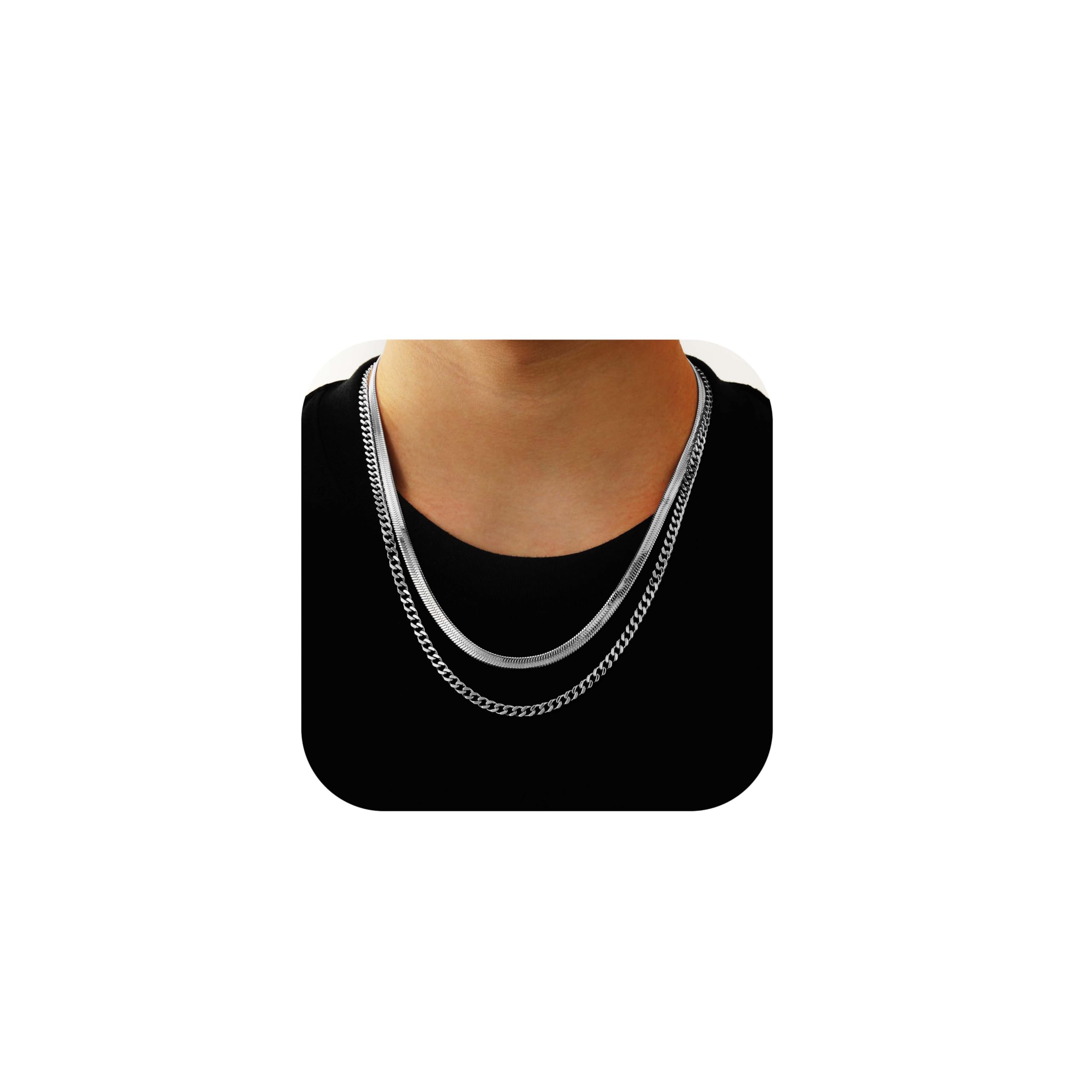 AretasLayered Chain Necklaces for Men, 2Pcs Stainless Steel Cuban Link/Rope/Herringbone Chains Jewelry Gifts, 16 "/18 ", 18 "/20 ", 20 "/22 "