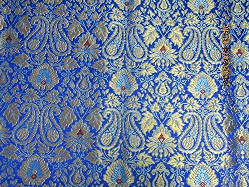 Tissu soie brocart lourd bleu roi turquoise or au mètre pour création vêtement luxe Bro568 - 3