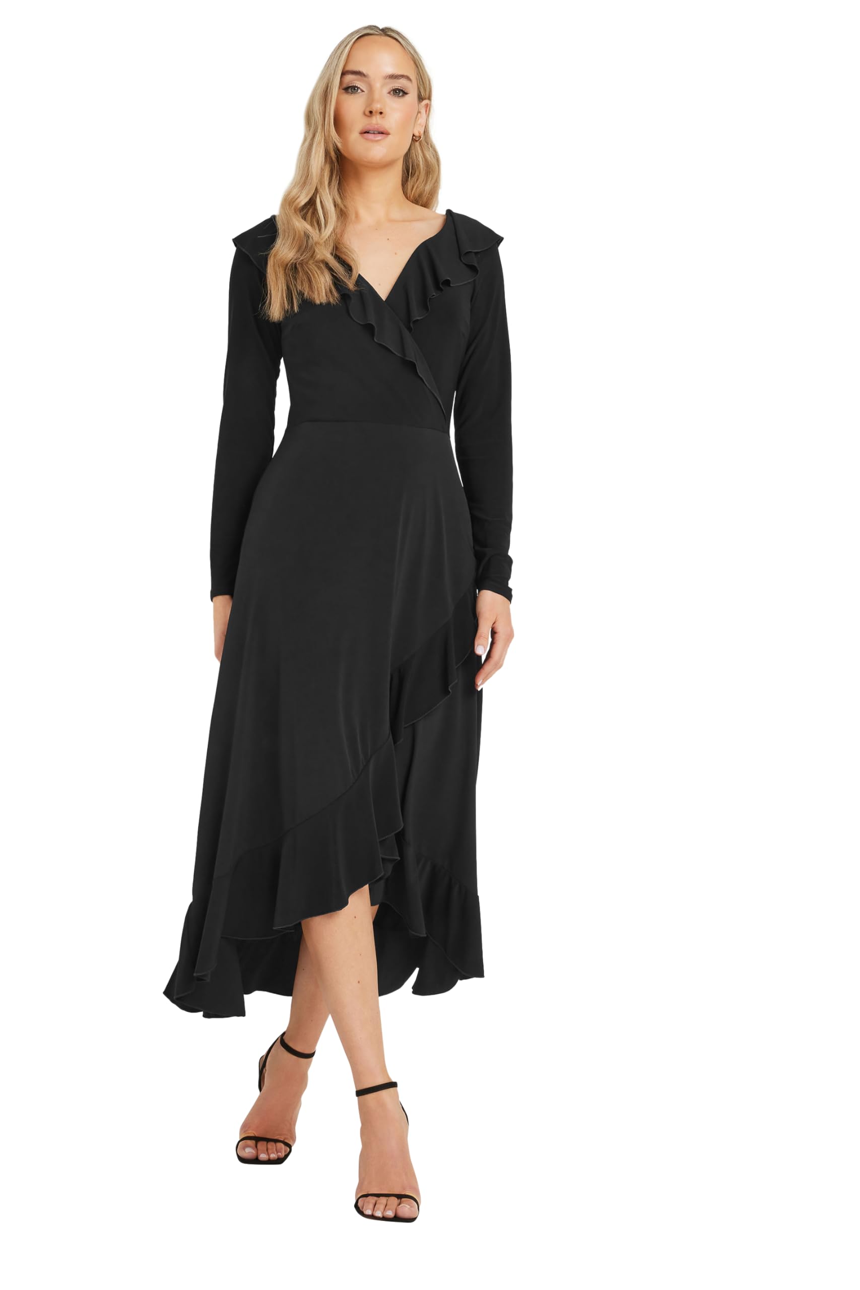 Lts Women's Black Tall Long Sleeve Frill Midi Dress Size 18