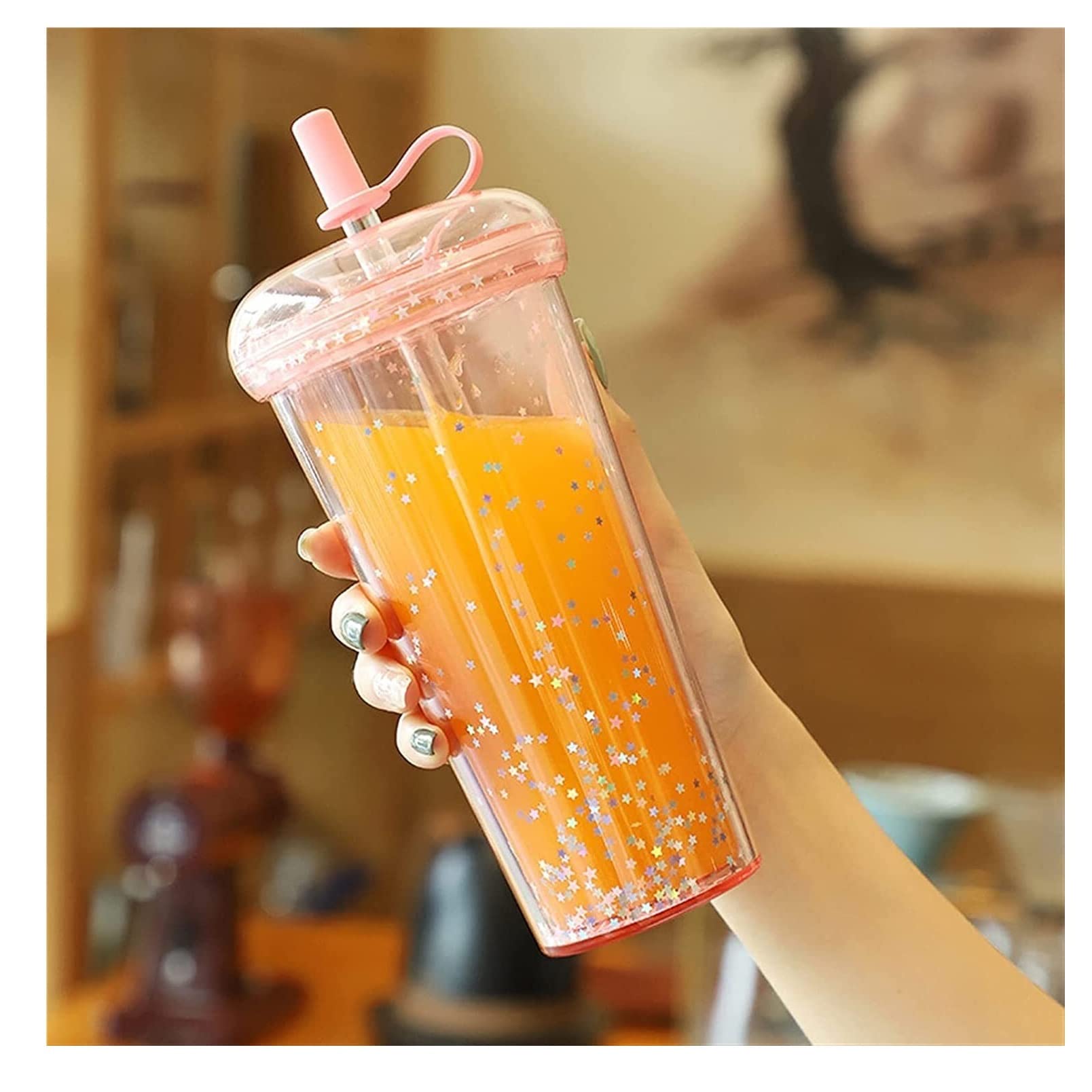 Butelka,Szczelna Kawaii Bubble Tea Butelka Wody Plastikowy Kubek Ze Słomą Izolowane Drinkware Herbata Sok Butelki Musujące Napoje(Pink,520ml)