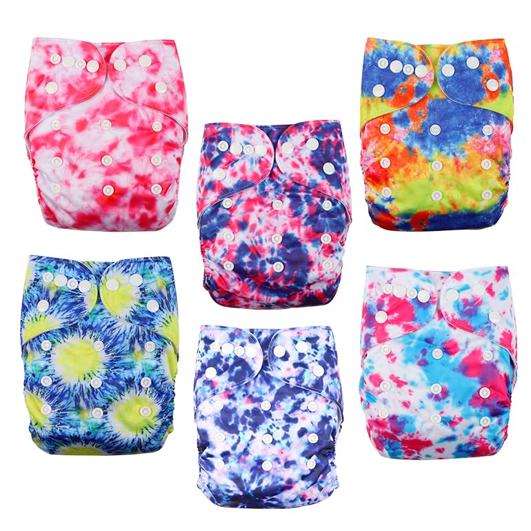 Image of wegreeco Cloth Diapers 6 Pack with 6 Inserts & 1 Wet Bag, Washable Cloth Diapers for Babies, One Size Adjustable Reusable (Tie-dye)