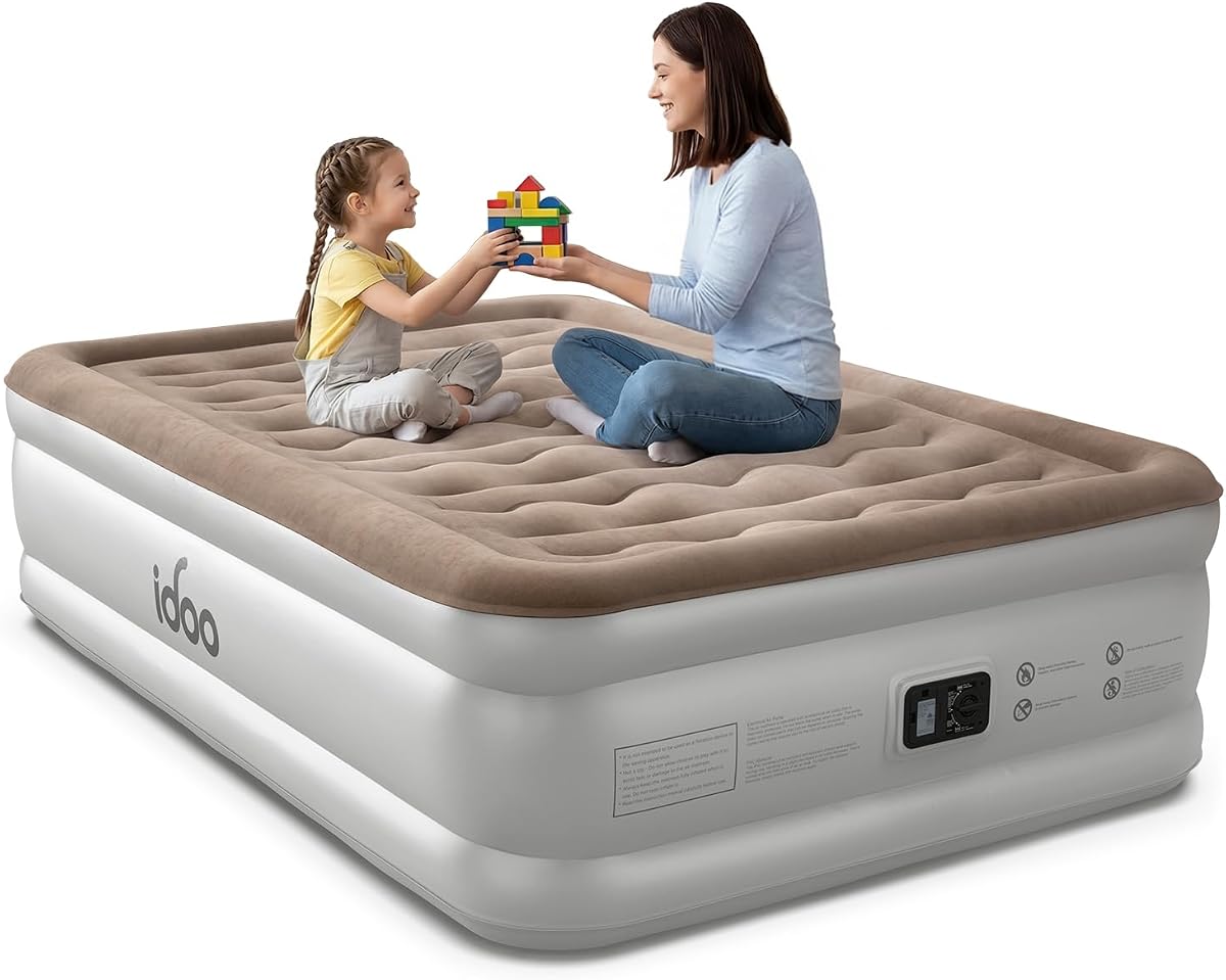 iDOO Full Size Air Mattress with Built in Pump, Inflatable Blow up Bed | Built-in pump in Fast Inflation, Strong Support, Thicker PVC, Waterproof, Repair kit, 1-year Warranty