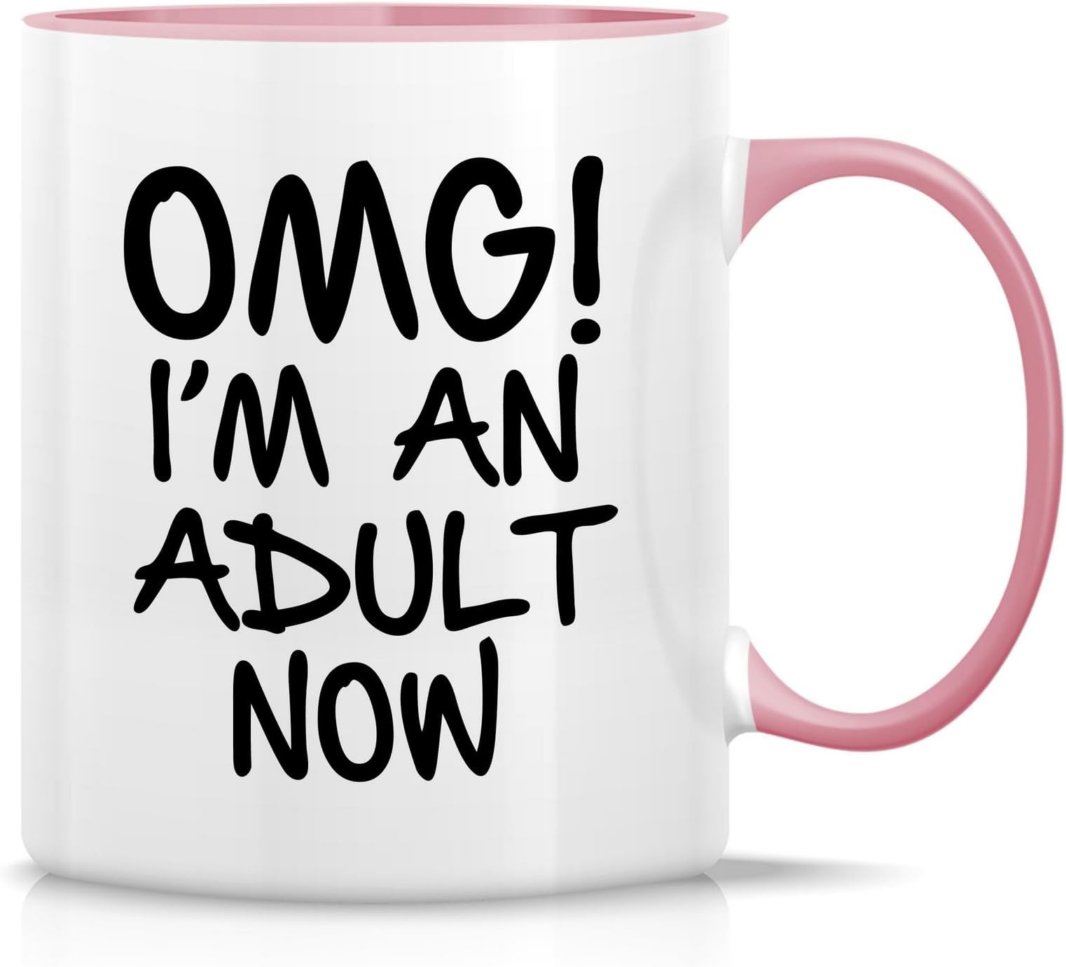 RetreezFunny Mug - OMG! I'm an Adult Now Graduation 11 Oz Ceramic Coffee Mugs - Funny, Sarcasm, Sarcastic, Motivational, Inspirational birthday gifts - White Mug with Pink Handle and Inner