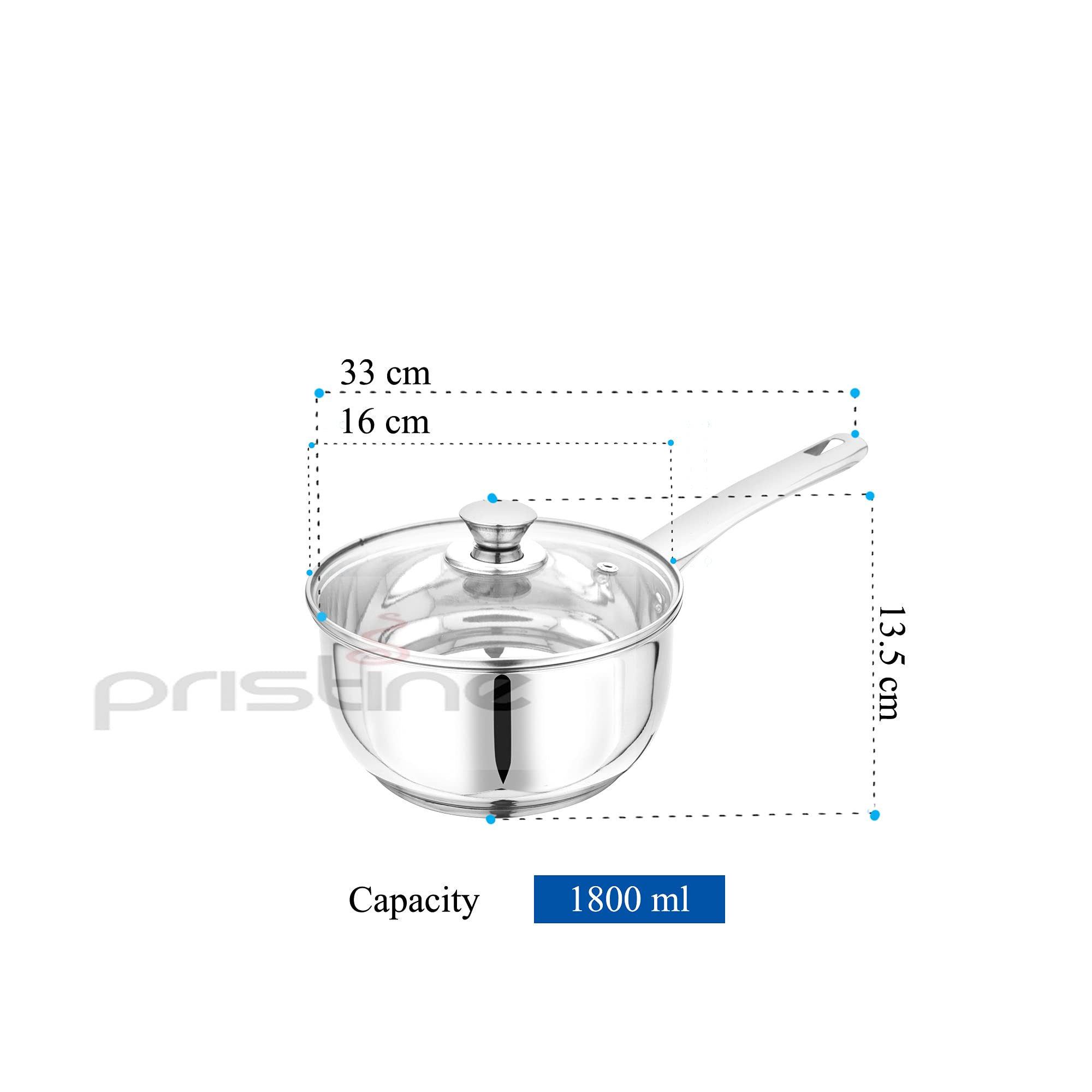 Pristine Try Ply Induction Base Stainless Steel Sauce Pan With Knob Glass Lid | Induction And Gas Stove Compatible (1.7L, Silver), 1800 ML - Image 5 thumbnail