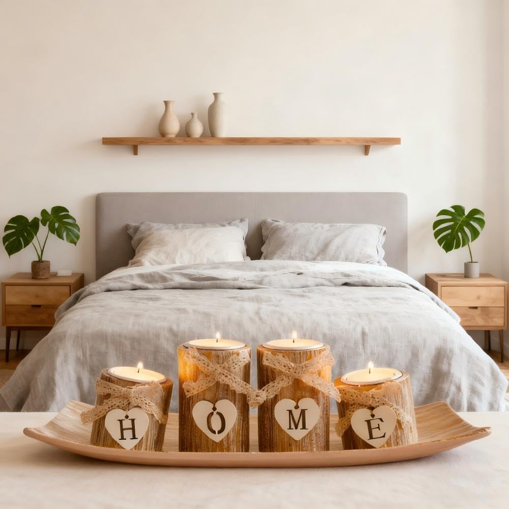 Tealight Candle Holders Set of 4 with Wooden Tray, Candlestick Holders for Bedroom, Table Decor, Ornaments for Living Room, Bathroom, Mum Birthday Gifts Friends Housewarming Wedding Gift (Style B)