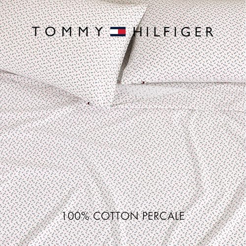 Image of Tommy Hilfiger - Full Size Sheet Set, Soft Cotton Percale Bedding with Crisp Cooling Comfort, Deep Pocket Fitted Sheet with Matching Pillowcases, Americana Decor (Atlantic Anchors Red /Blue)