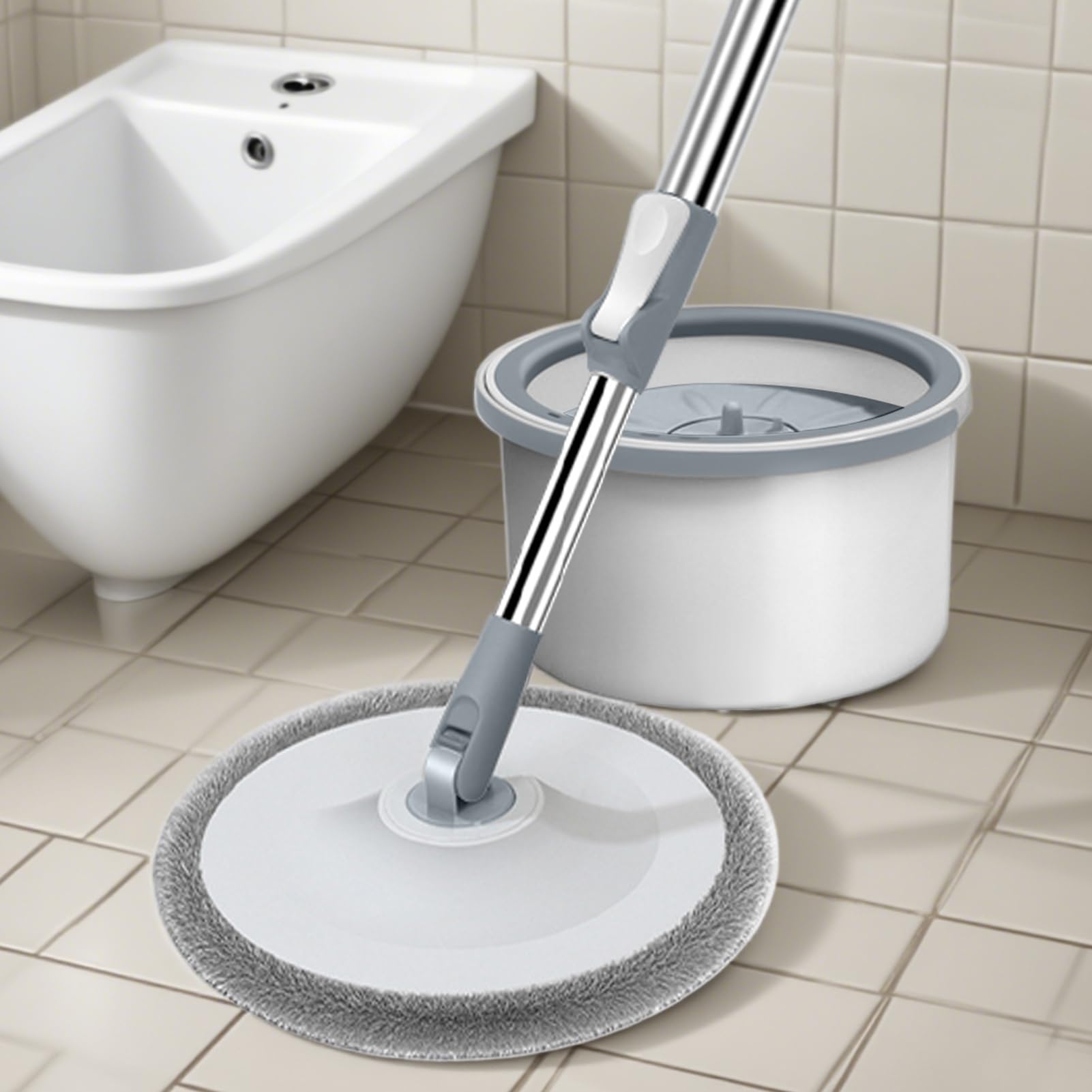 Fregona Con Cubo Compacto, Ligero, Doméstico, Limpieza | Kit Fregona Giratoria Con Cubo Individual Y Escurridor para Todo el Hogar, Suelos de Madera Noble, Mármol, Cocina, Baño y
