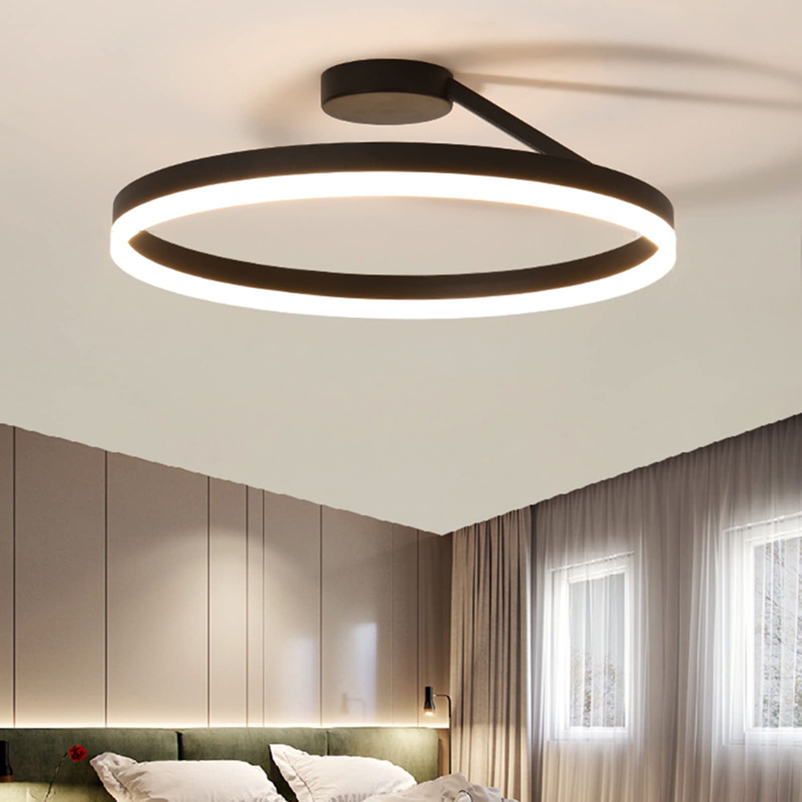 LAI HO Modern LED Ceiling Light,Dimmable Restaurant Chandelier,Nordic Designer Simple Single Circle White/Black Ceiling Lamp for Living Room Bedroom Kitchen,Black,D: 50cm
