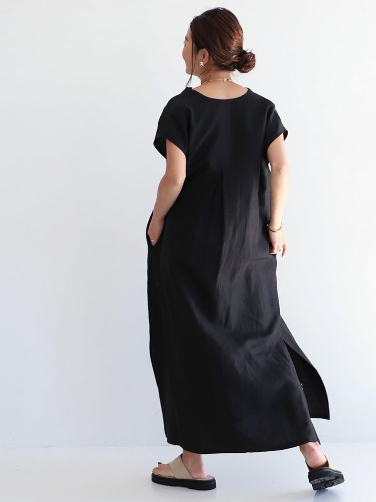 美品◆ブラック　リネンリラックスカフタンワンピース .Mライン 38 〇本日発売〇.M リネン カフタンワンピース〇【身長160cm・38