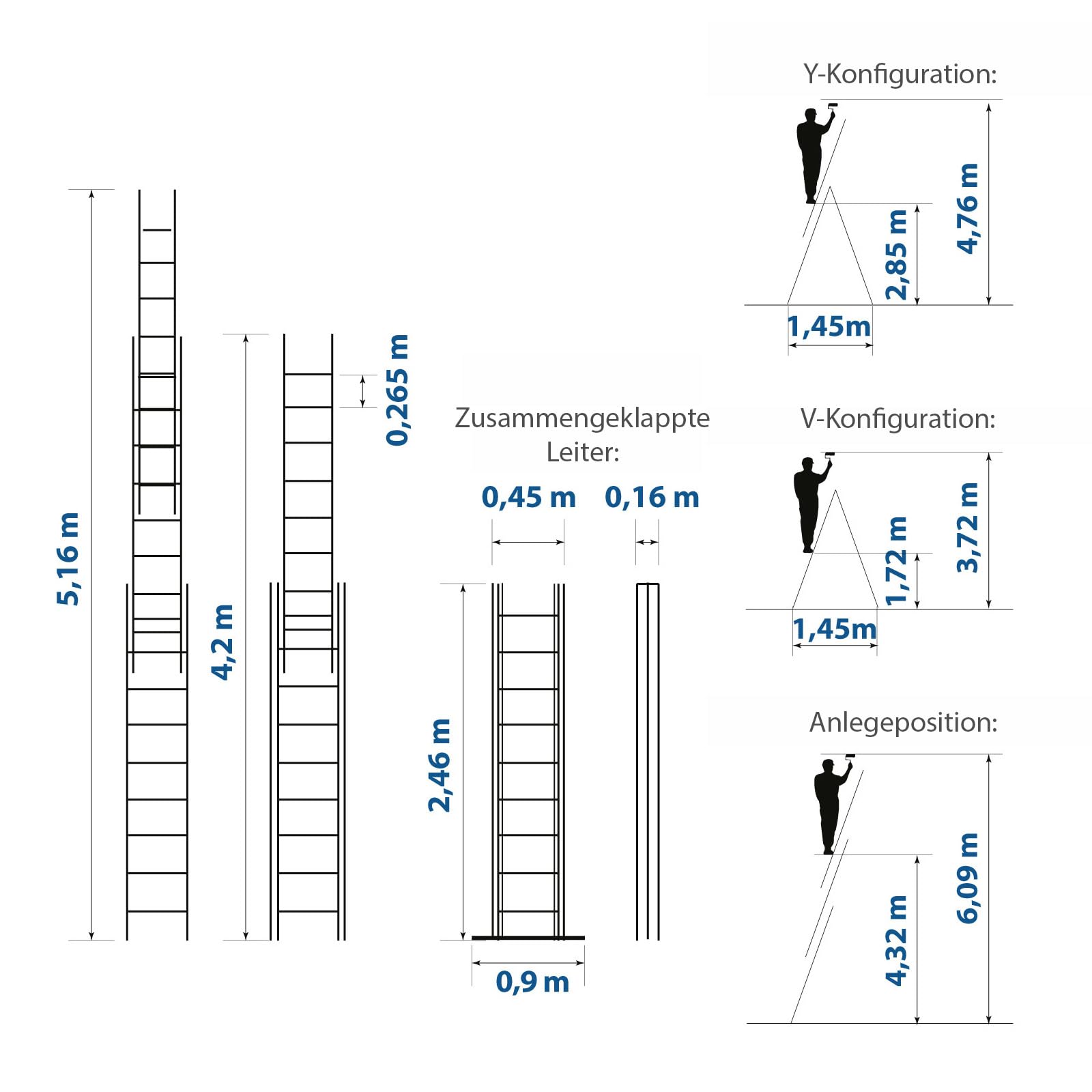 HOSTRÖM Ausziehbare Leiter, 3 Ebenen, StablePro, 3 x 9 Stufen, Aluminium, ausziehbar, verschiebbar, 6 Positionen, Arbeitshöhe max. 6,10 m