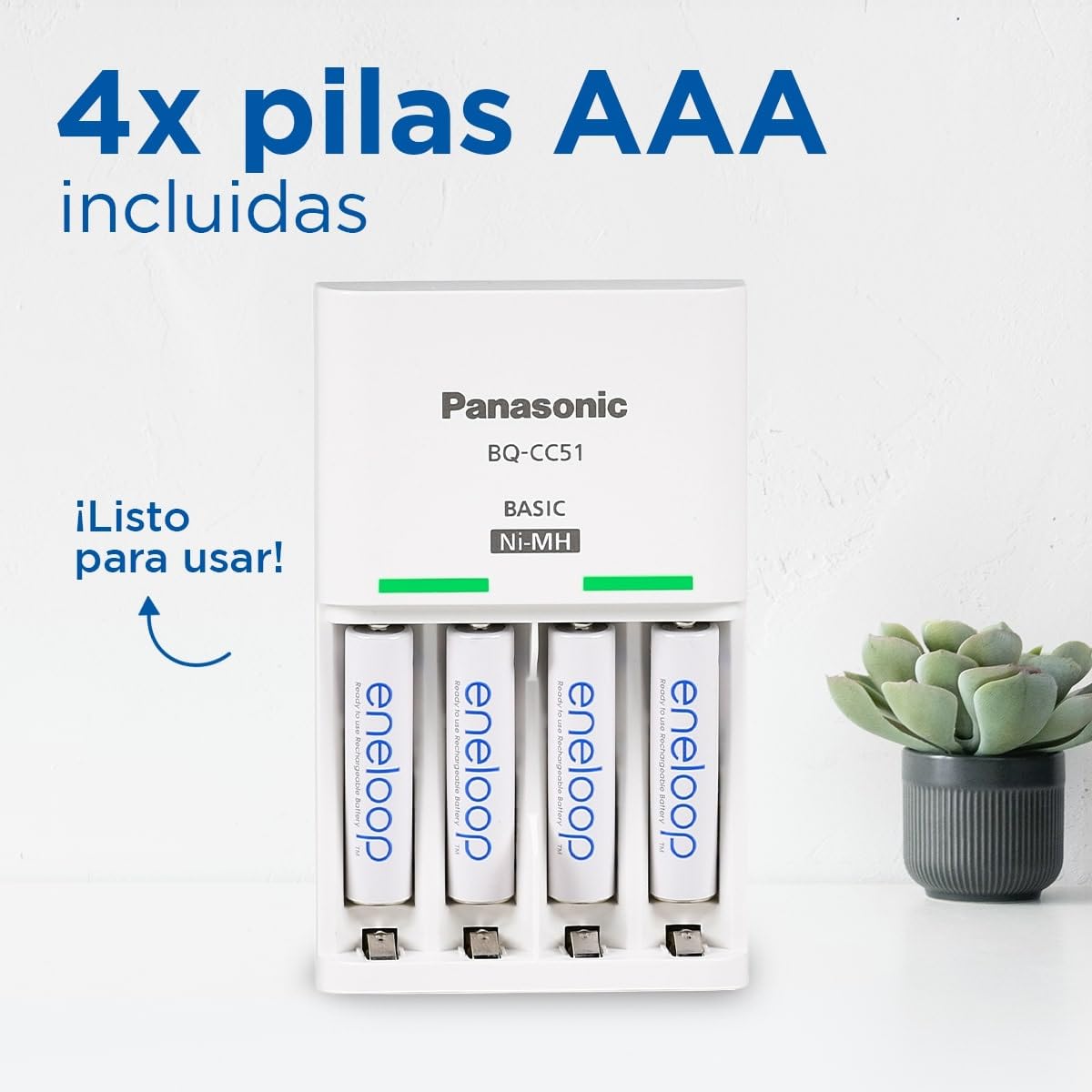eneloop Basic. Cargador para 2 o 4 pilas AA/AAA Ni-MH con 4 pilas eneloop AAA/Micro de capacidad mejorada y 6 nuevas funciones de seguridad.