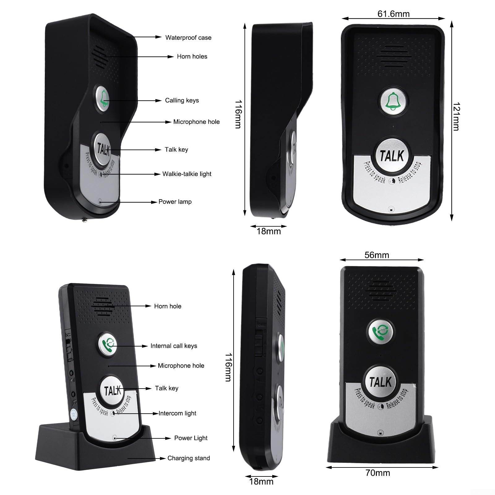 Timbre inalámbrico de largo alcance con audio bidireccional y transmisión de 1000 m, batería recargable integrada de 2000 mAh, unidad exterior impermeable, fuerte penetración (negro)