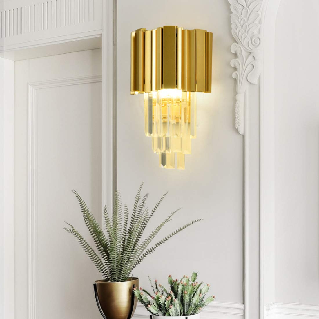 LED E14 Wandleuchte Kristall Modern Schlafzimmer Wohnzimmer Korridor Flur Lampe, Golden Wandlampe 2-Flammig Rechteck Wandlichter Kreativ für Küchen-insel Esszimmer Arbeitszimmer Villa Treppen, 22*40cm