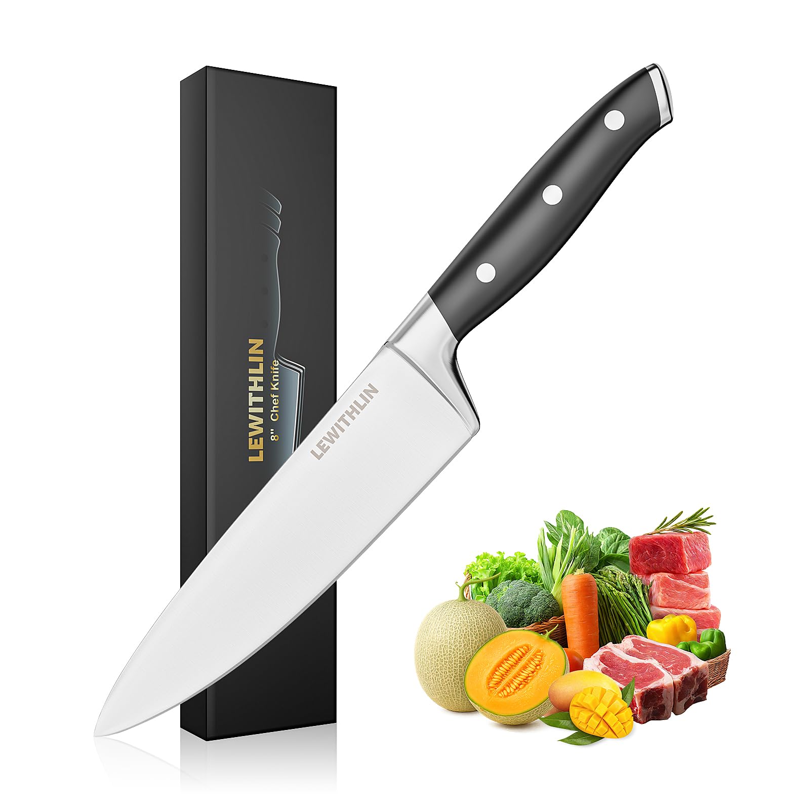 Kochmesser 20cm Profi Küchenmesser Messer Scharf Deutsch 1.4116 Edelstahl Chefmesser Tranchiermesser Allzweckmesser Fleischmesser mit Ergonomischem Griff für Fleisch, Gemüse, Obst