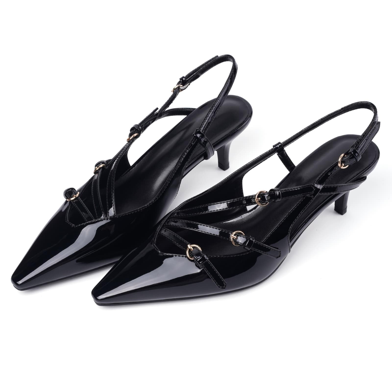 CORNMOOD Slingback Kitten Heels for Women Pointed Toe Stiletto Low Heels with Buckle Strap Heeled Pumps Sandals