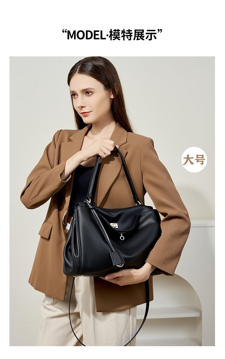 Bolso de mano para mujer, de gran capacidad, de piel de vacuno suave, con cierre de cerradura, para axilas, color negro