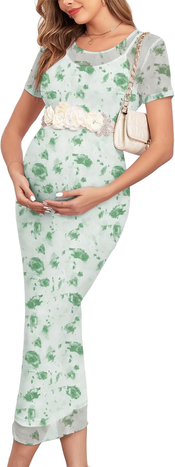 AISWI Maternity Mesh Dress Ruched Side Round Neck Pregnancy Dresses Baby Shower Wedding Guest Cocktail Party
